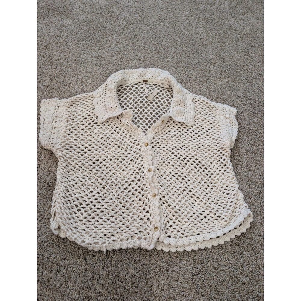Free People Ivory Crochet Button Down Short Sleeve Open Knit Top Small